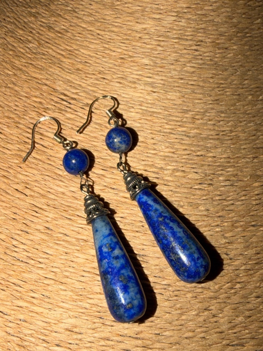 Lapis lazuli deep Blue Teardrop pierced sterling silver wires  flexible light